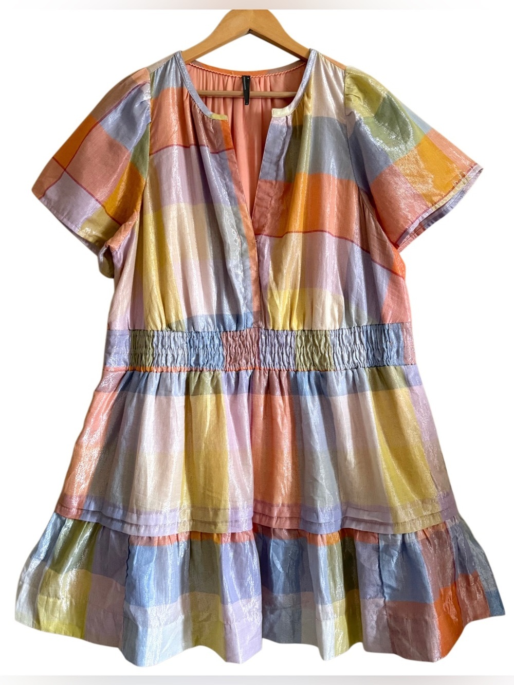 ANTHROPOLOGIE Multicolored Feminine Pastel Plaid Metallic Somerset Mini Dress 2X - Picture 6 of 11